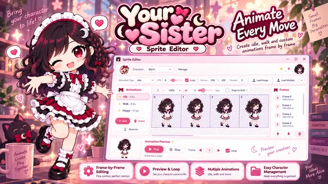 Karakterin animasyon karelerini ve animasyon düzenleyicisini tanıtan MY SISTER görseli.