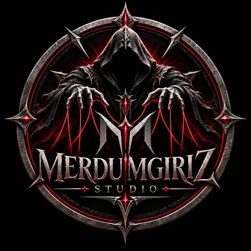 Merdümgiriz Studio: kapüşonlu karakter ve kırmızı kristalli stüdyo amblemi